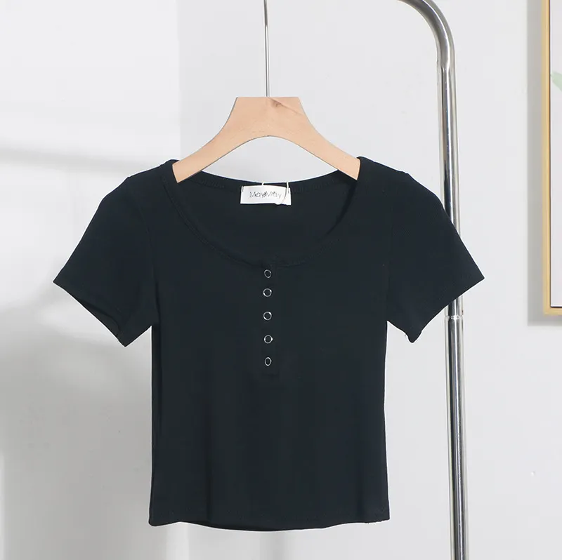 Uveng Explosion Recommended Spice Girls Shoulder Short Sleeve T-Shirt Girl Summer Body Tight Short Buckle Buckle Coat 6657