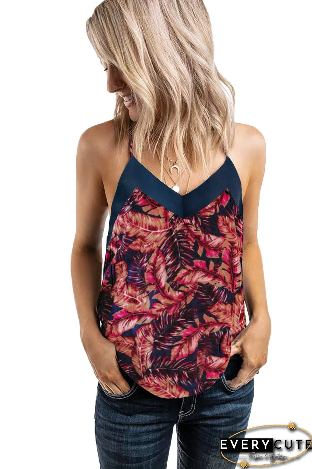 V Neck Strappy Tropical Print Tank Top