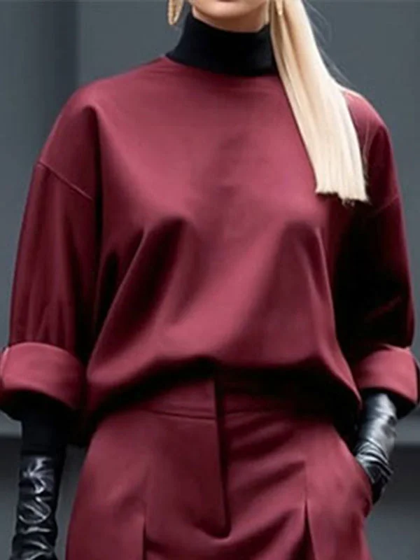 Long Sleeves Loose Solid Color Round-Neck Hoodies&Sweatshirt Tops