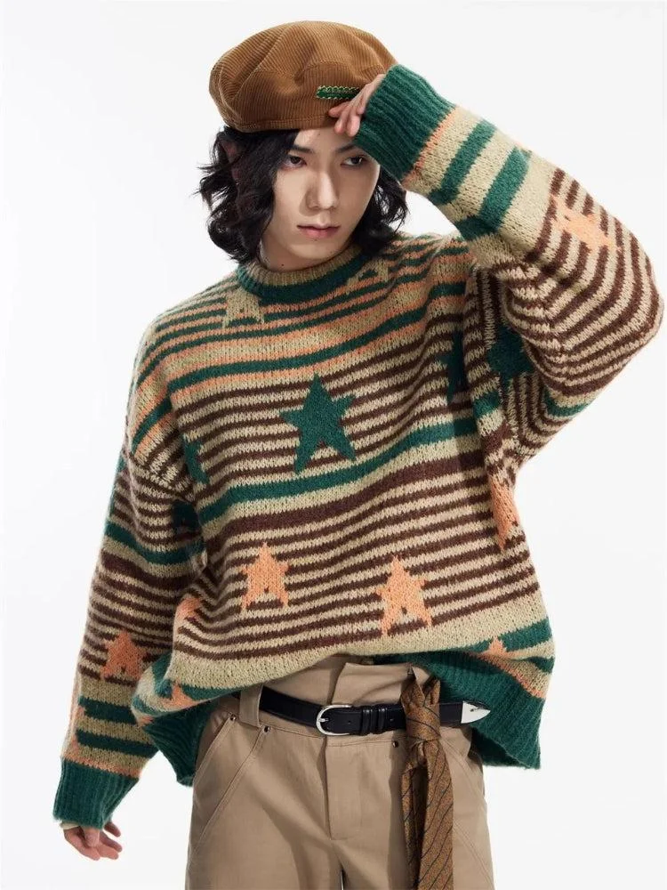 Brownm Vintage Stars Striped Knitted Sweater