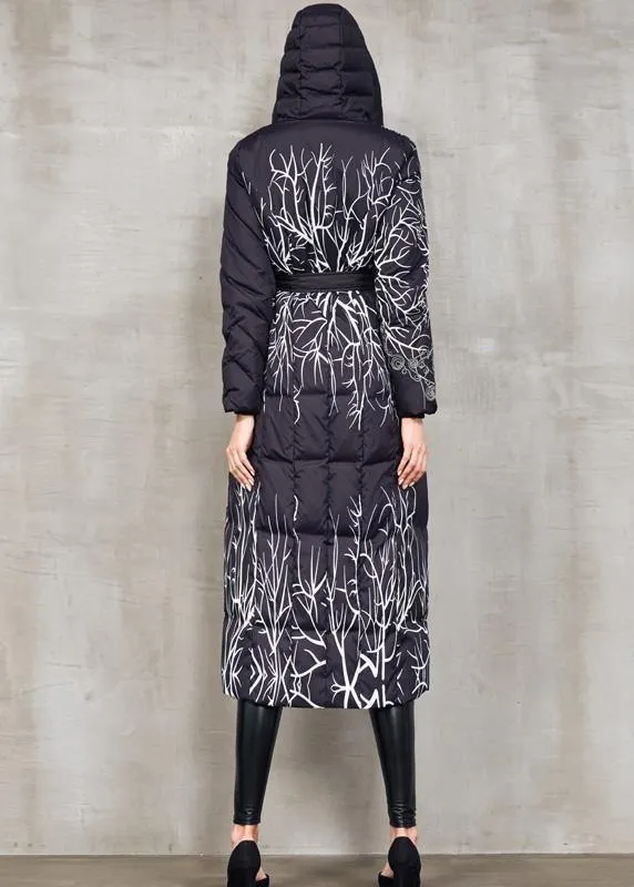 Casual black prints down jacket woman oversize hooded winter jacket tie waist New winter outwear