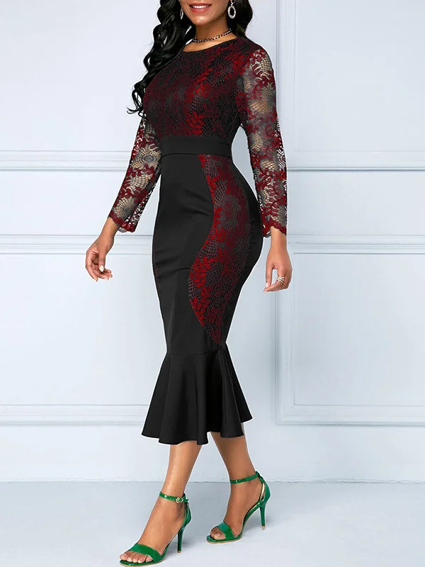 Round Neck High Waist Lace Stitching Package Hip Fishtail Dress