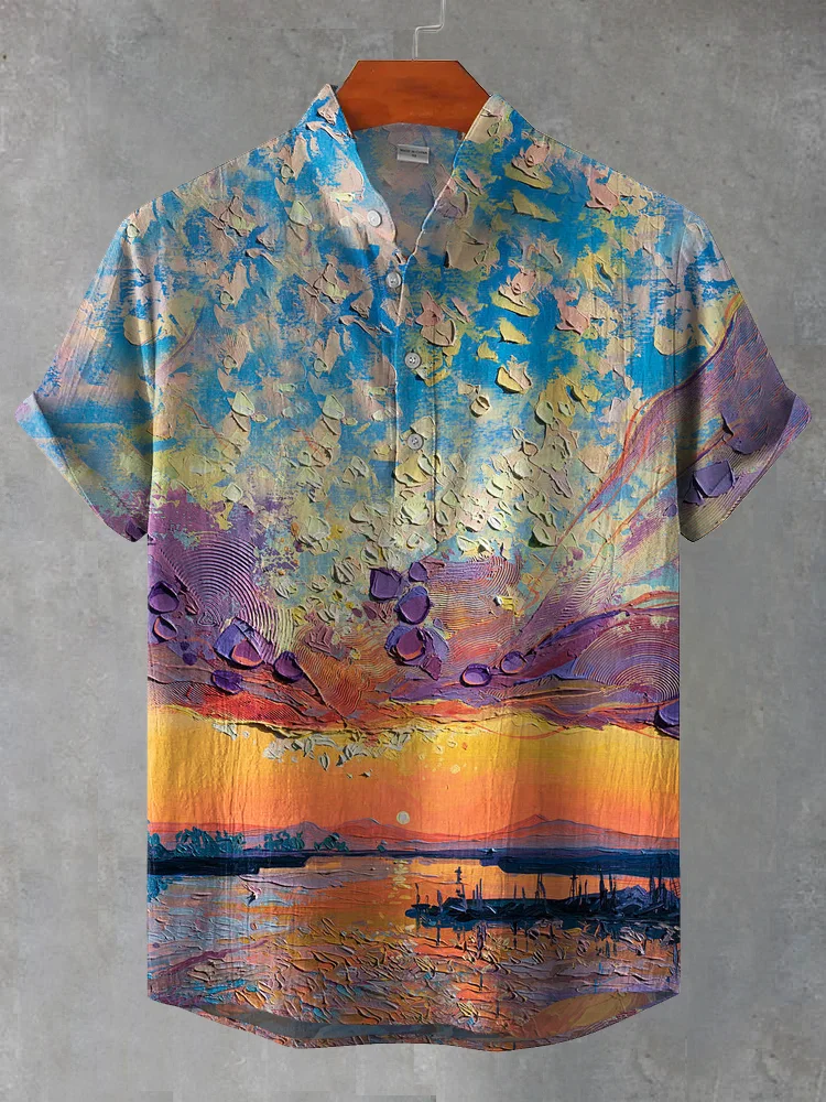 Oil Painting Art Linen Blend Henley Shirt