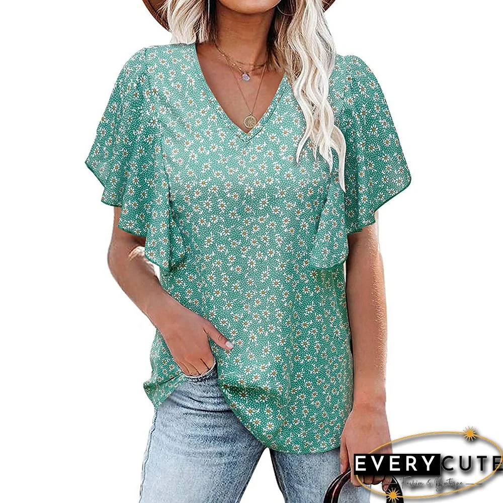 Green V Neck Floral Print Ruffle Short Sleeve Tops