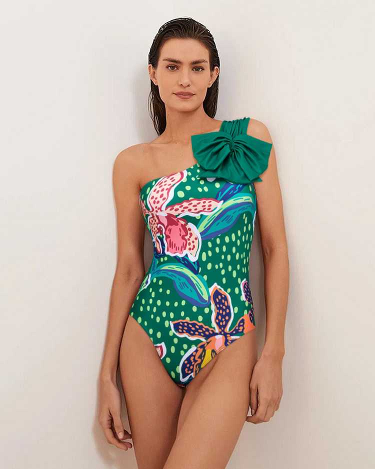 Printed One Shoulder One Piece Swimsuit and Sarong Flaxmaker