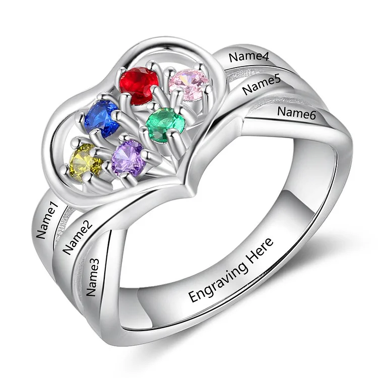 Personalized Heart-shape Mother Ring 6 Stones Engraved 6 Names Birthstone Mother's Day Ring