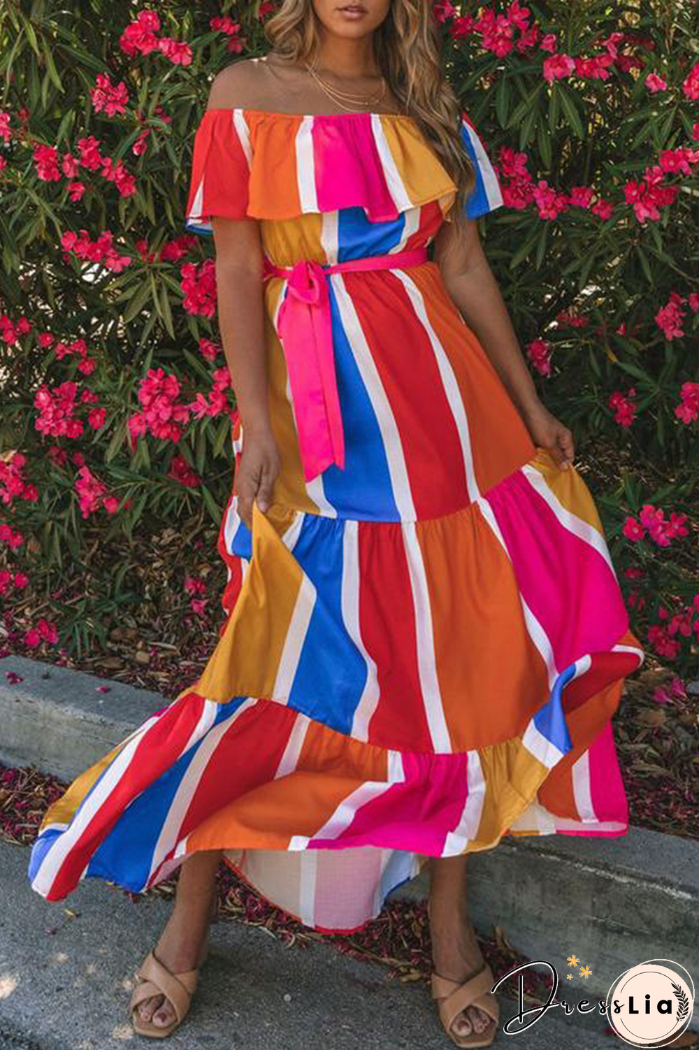 Casual Striped Split Joint Off The Shoulder Cake Skirt Dresses