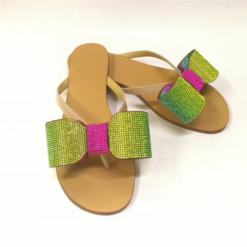 VCSHOES Jeweled Crystal Bowknot Flat Heel Slippers Women Diamond Rhinestone Flip Flops Chic Beach Shoes