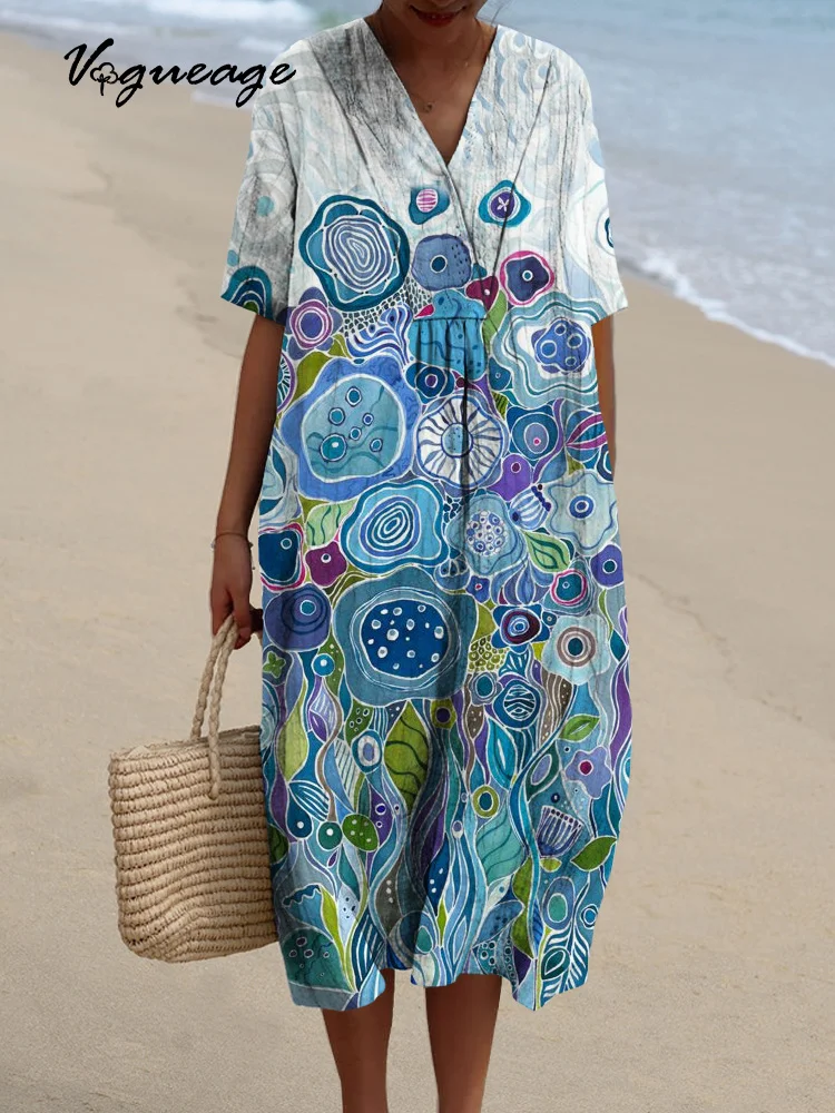 Stylish Simple Painted Plants Printed Women's Casual Cotton And Linen Dress