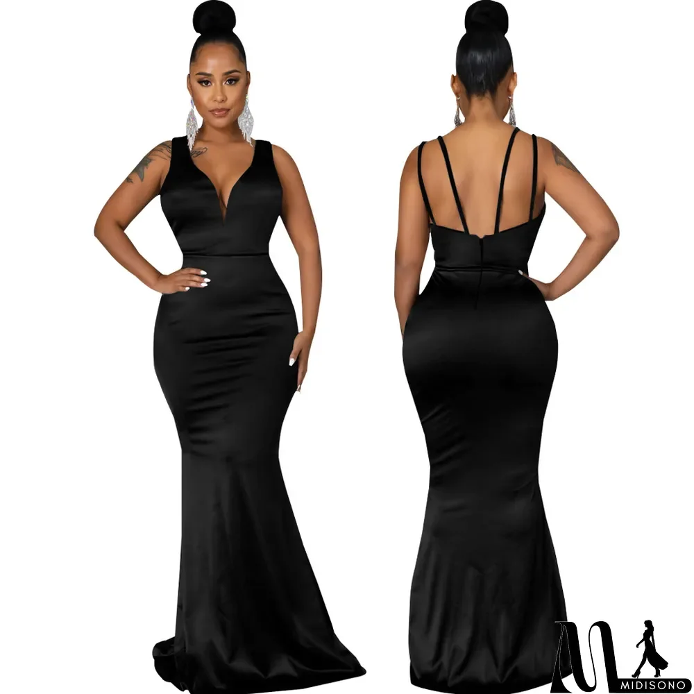 MidiSono - Sexy Fashion Deep V Neck Sleeveless Mermaid Gown Women's Solid Color Evening Dress