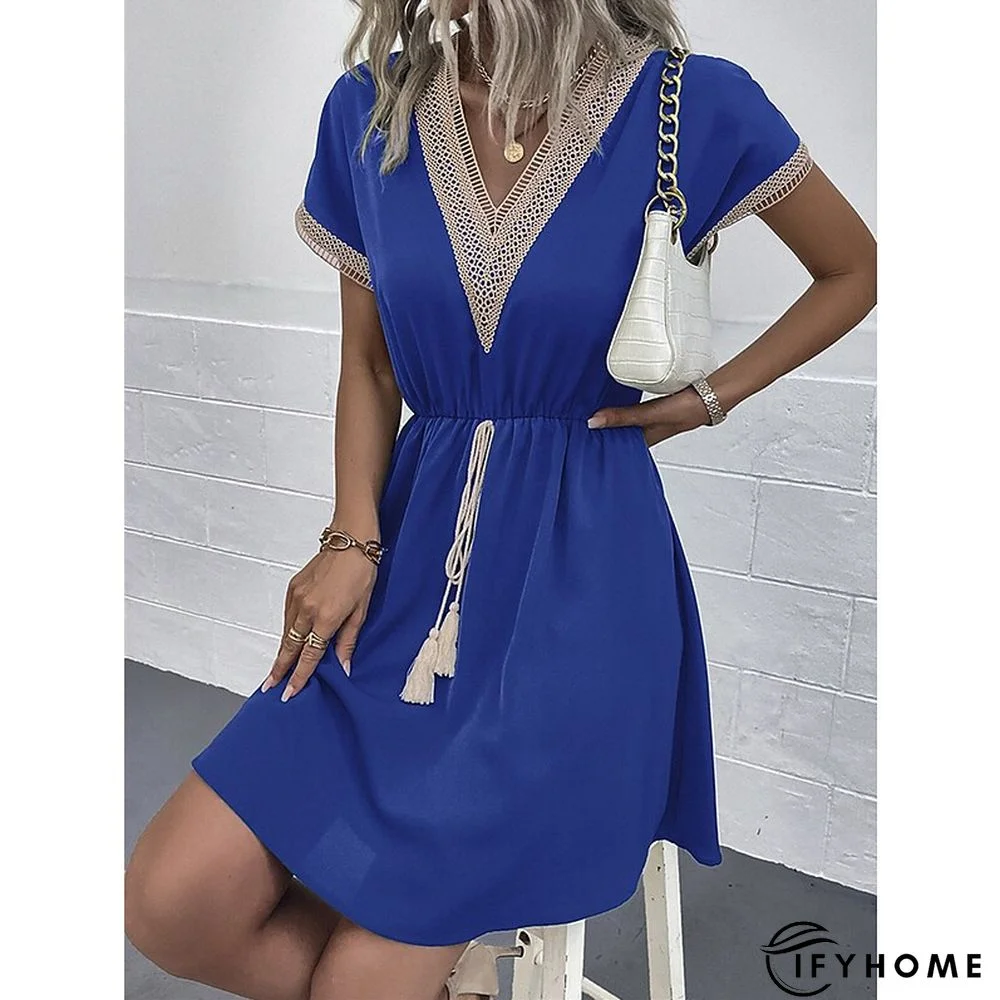 Women's Casual Dress Summer Dress Loose Dress Plain Drawstring Lace Trim V Neck Mini Dress Active Fashion Outdoor Daily Short Sleeve Loose Fit Black White Blue Spring Summer S M L XL | IFYHOME