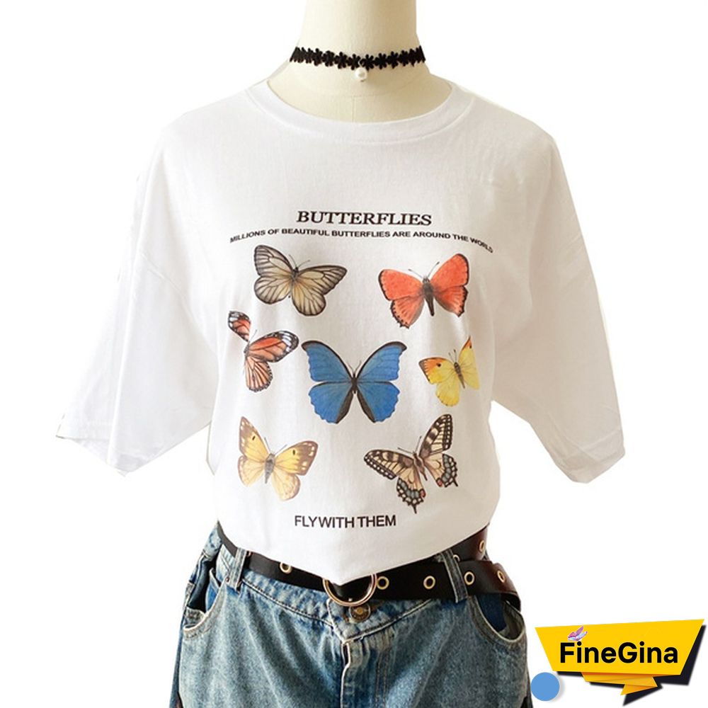 Butterfly Fly With Them Letter Graphic Tee Women T Shirt Khaki Begie T Shirt Women Tops Fashion Tees