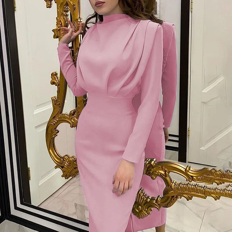 Fashionable Waist and Foreign Style Solid Color Long Sleeve Dress | 168DEAL