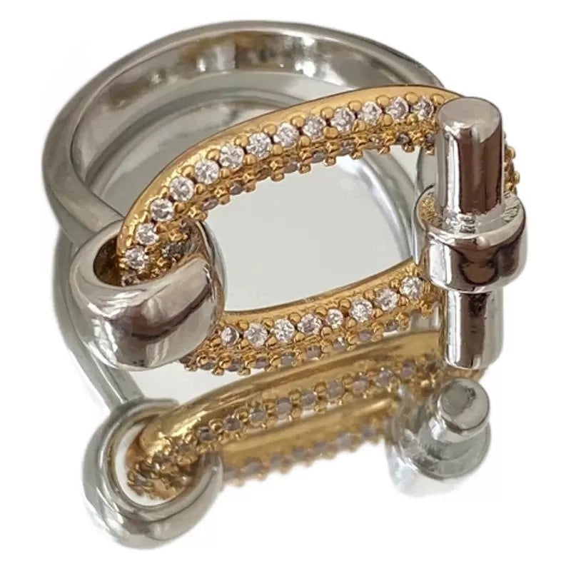 2 Pieces IG Style Oval Copper Zircon 18K Gold Plated Mixed Metal Plating Inlay Rings