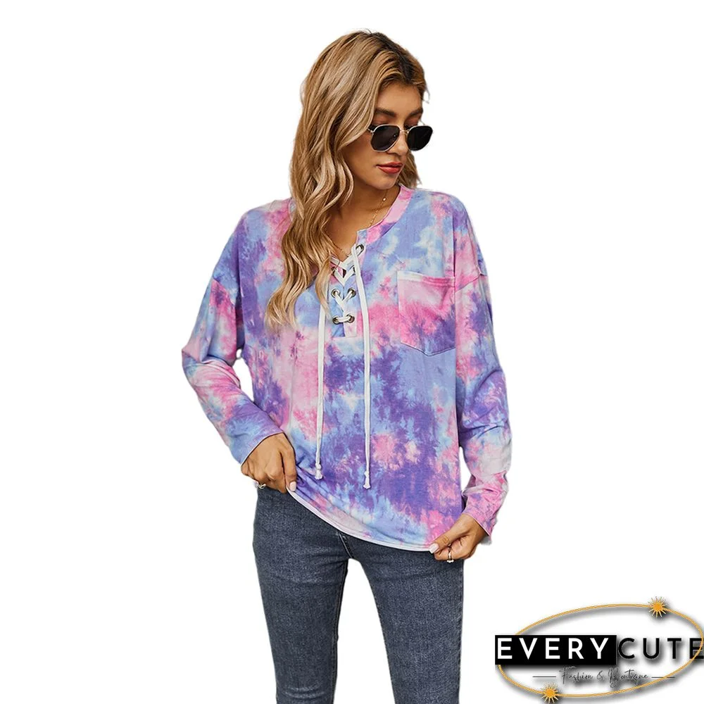 Purple Tie Dye Long Sleeve Top with Rope Drawstring