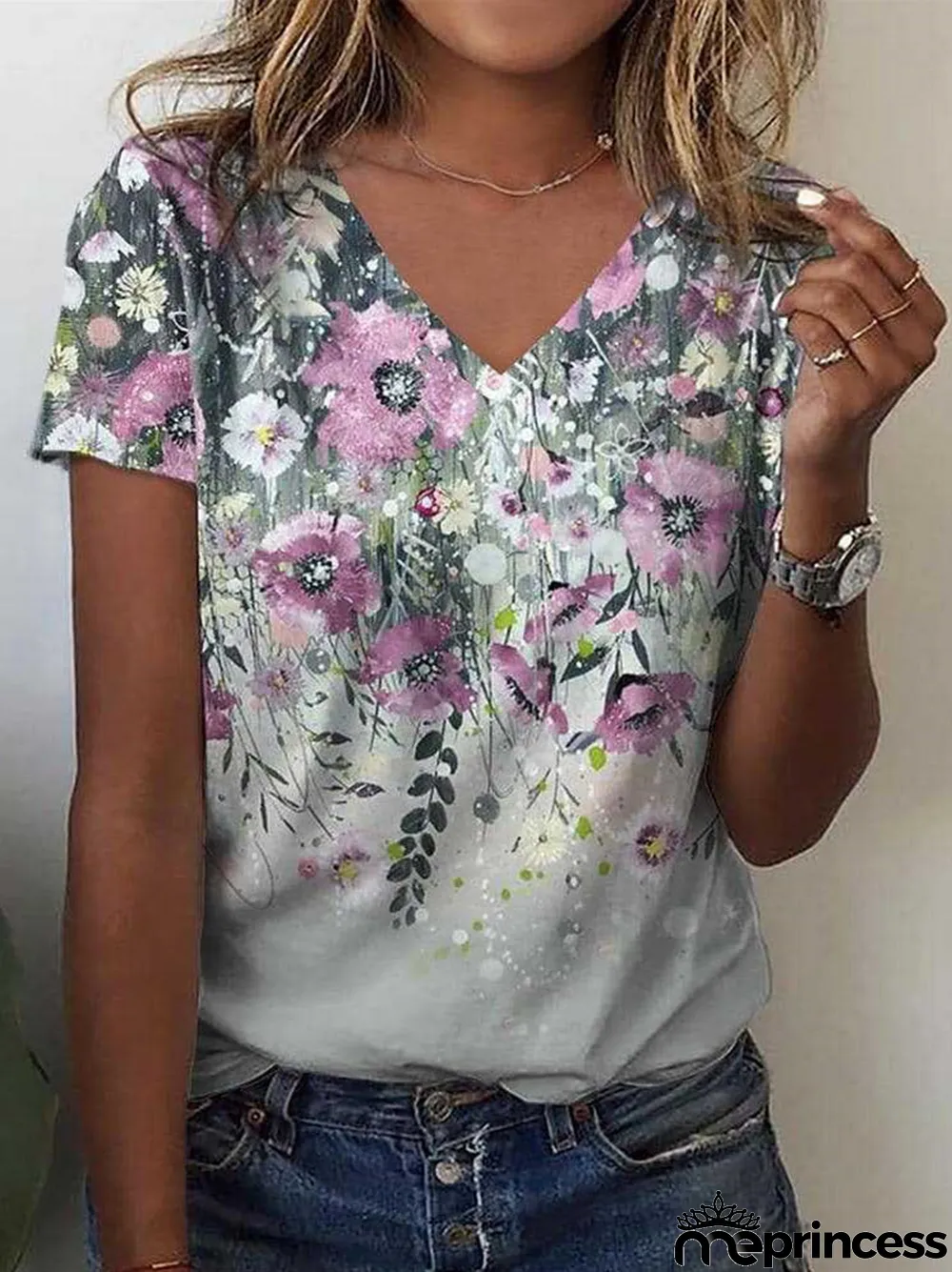 Women's Floral Printed Short Sleeve V-neck Top