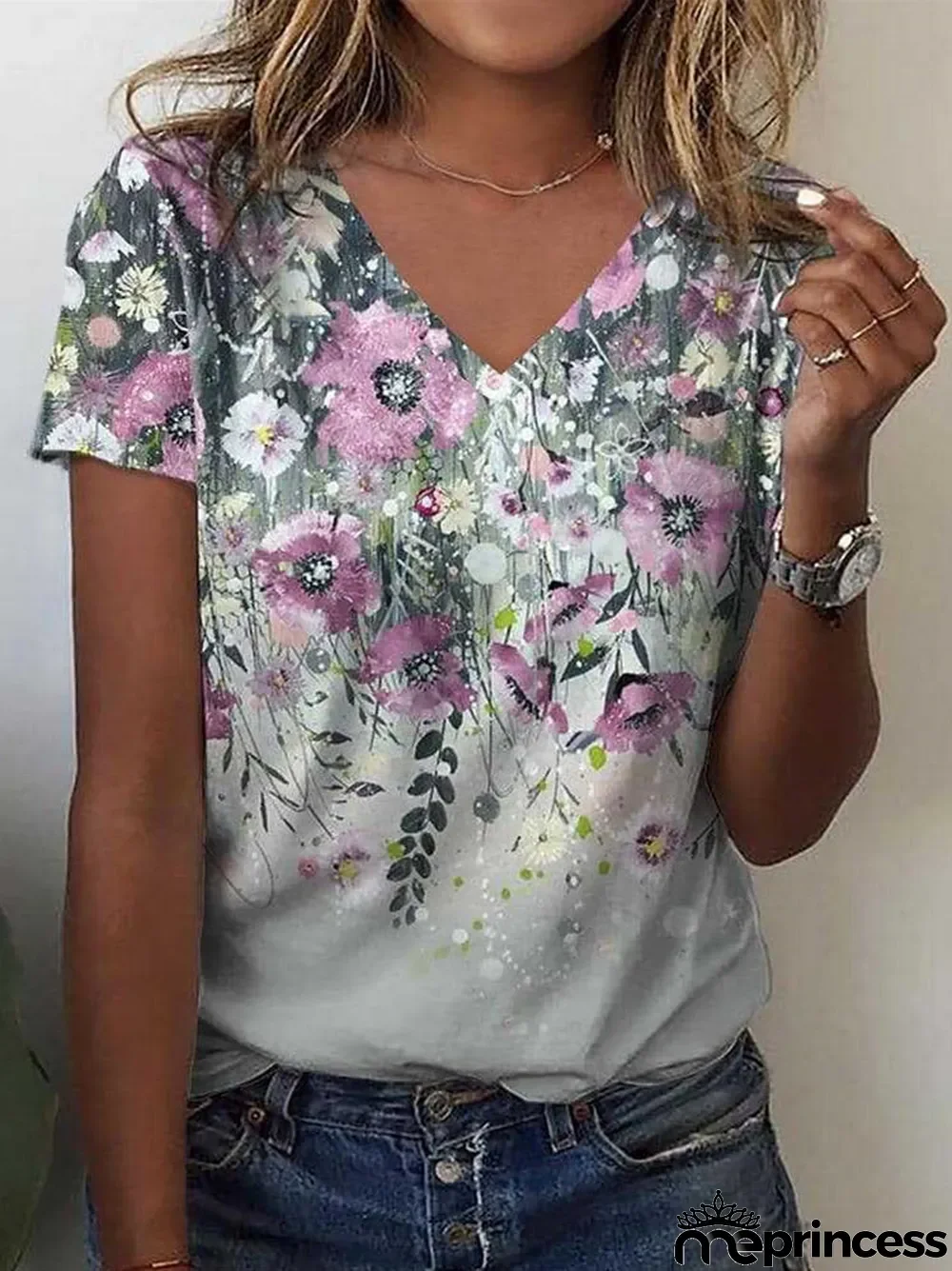 Women's Floral Printed Short Sleeve V-neck Top