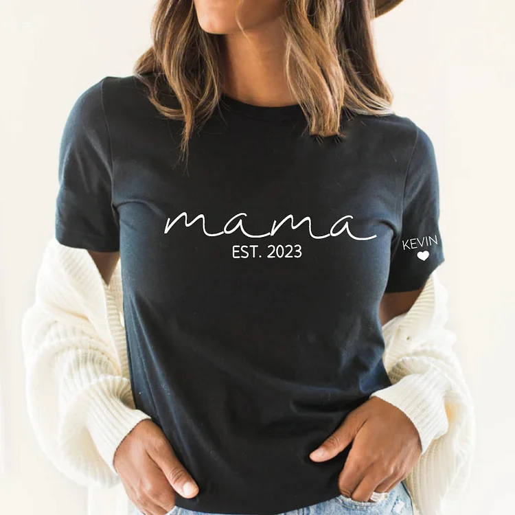 Personalised Chest Text Customization Mama Est Year T-shirt, with Children's Names on the Sleeve, Mother's Day Gift