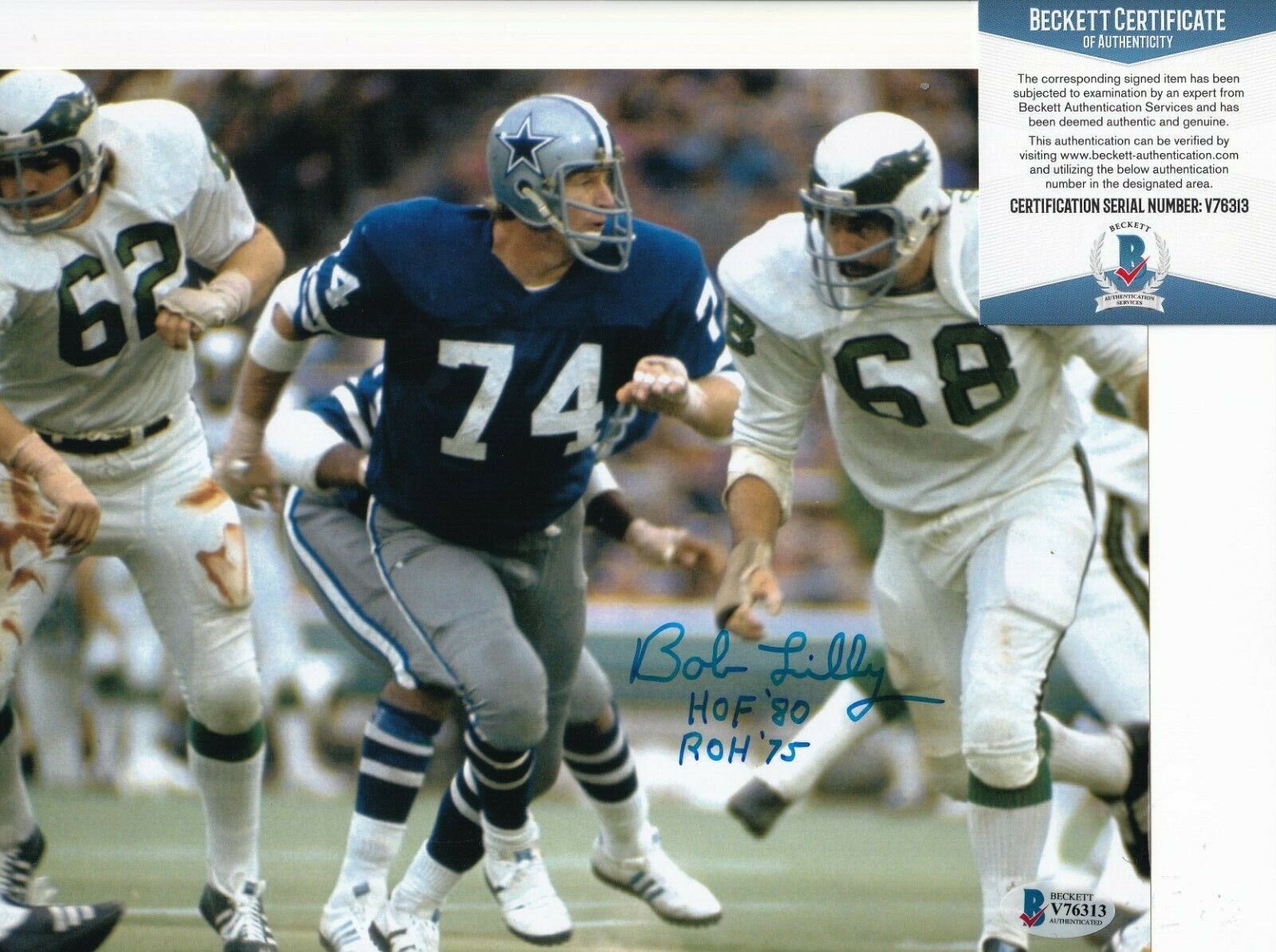 BOB LILLY signed (DALLAS COWBOYS) Football 8X10 Photo Poster painting HOF 80 BECKETT BAS V76313