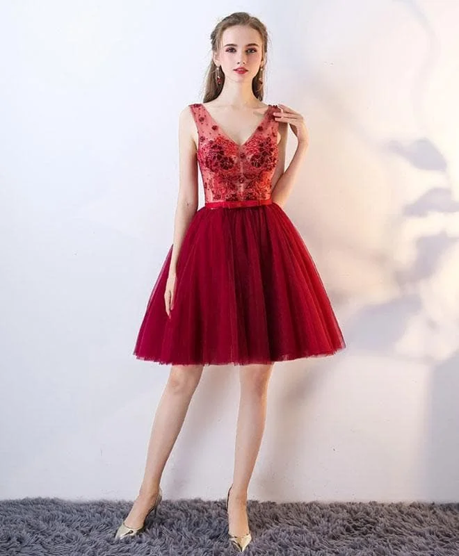 Cute Tulle Lace V Neck Short Prom Dress