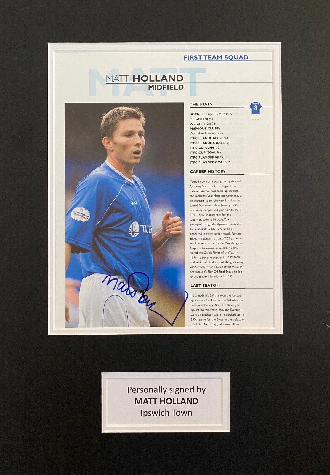 Matt Holland Genuine Hand Signed Ipswich Town Magazine In 16x12 Mount Display