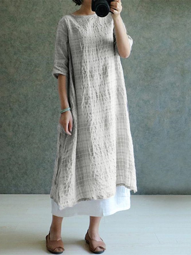 Plus Size Women Dress Shift Daily 3/4 Sleeve Casual Plaid Linen Maxi Dress Zaesvini