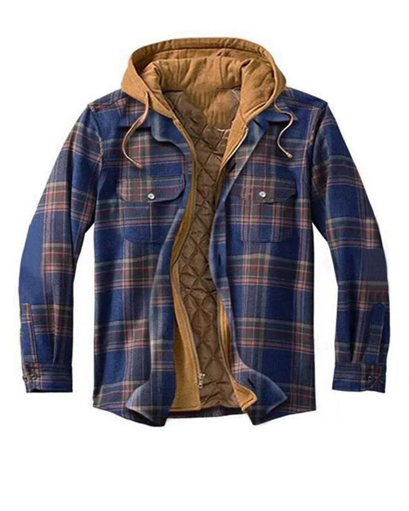 men's casual navy blue plaid hooded jacket shirt