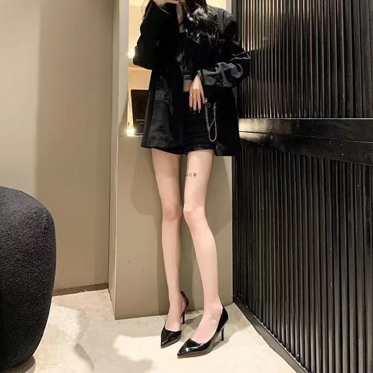 Breakj Breakj Red-Soled Black High-Heeled Women 2025 New Sexy Temperament Nightclub Fine-Heeled Leather Shallow Single Shoes