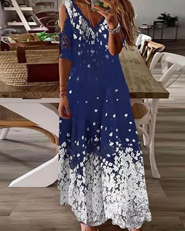 Casual V-neck Lace Print Maxi Dress