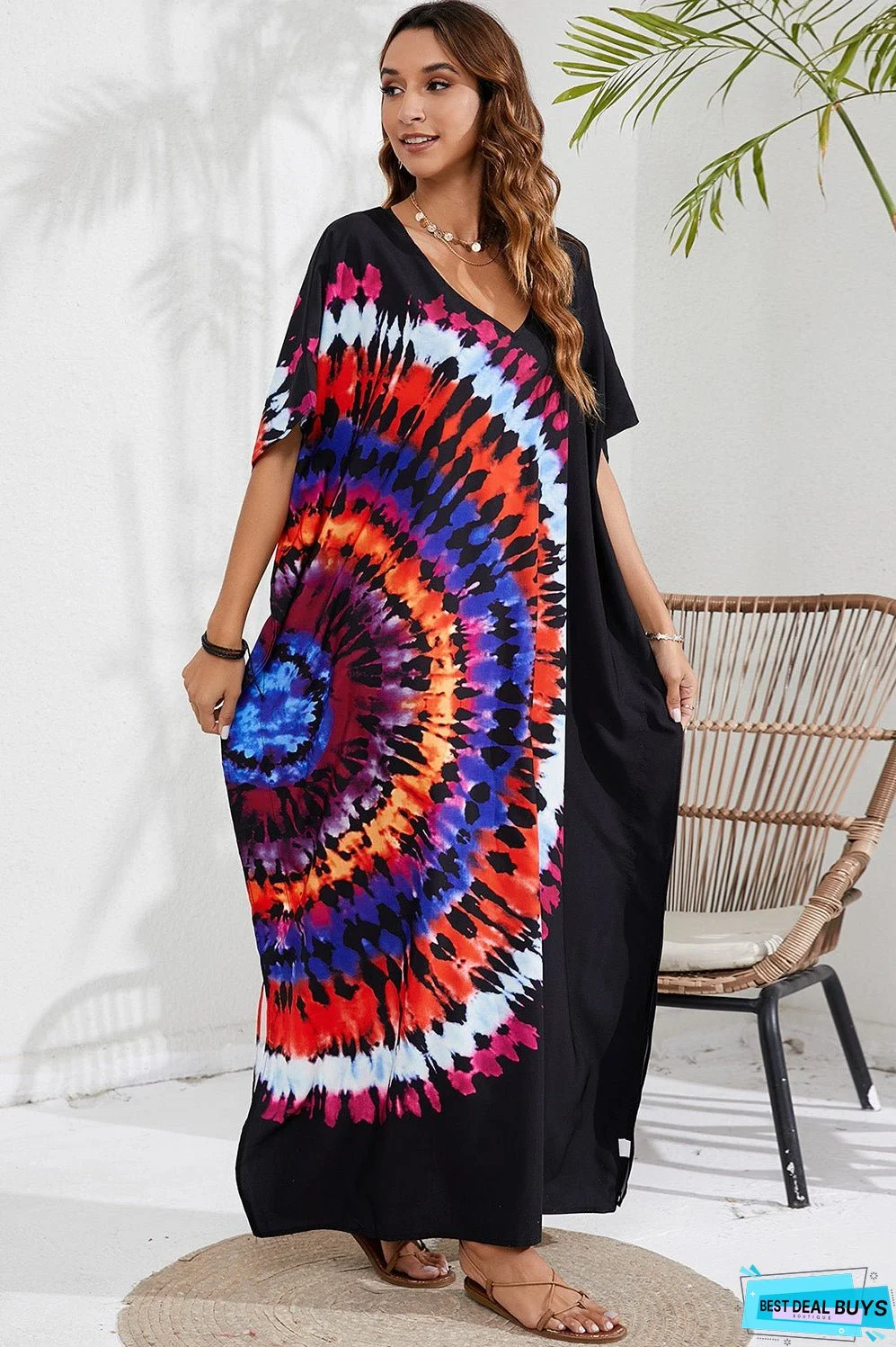 Slit Printed V-Neck Short Sleeve Cover Up