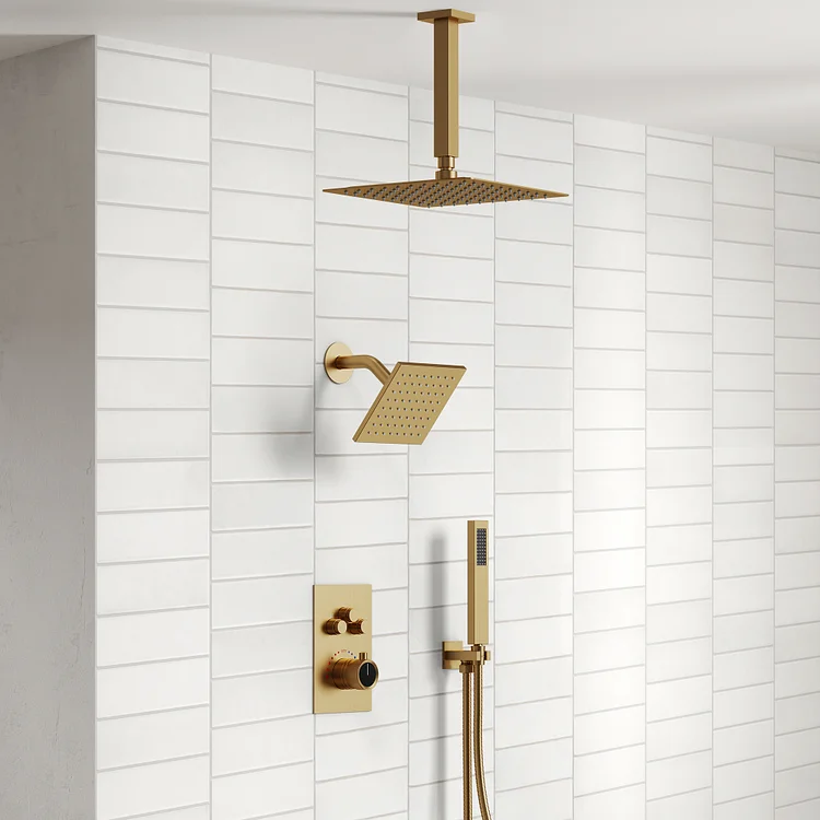 EVERSTEIN SFS1007-GD12 Thermostatic Ceiling-Mounted Rainfall Shower System with Dual Heads and Rough-in Valve in Brushed Gold