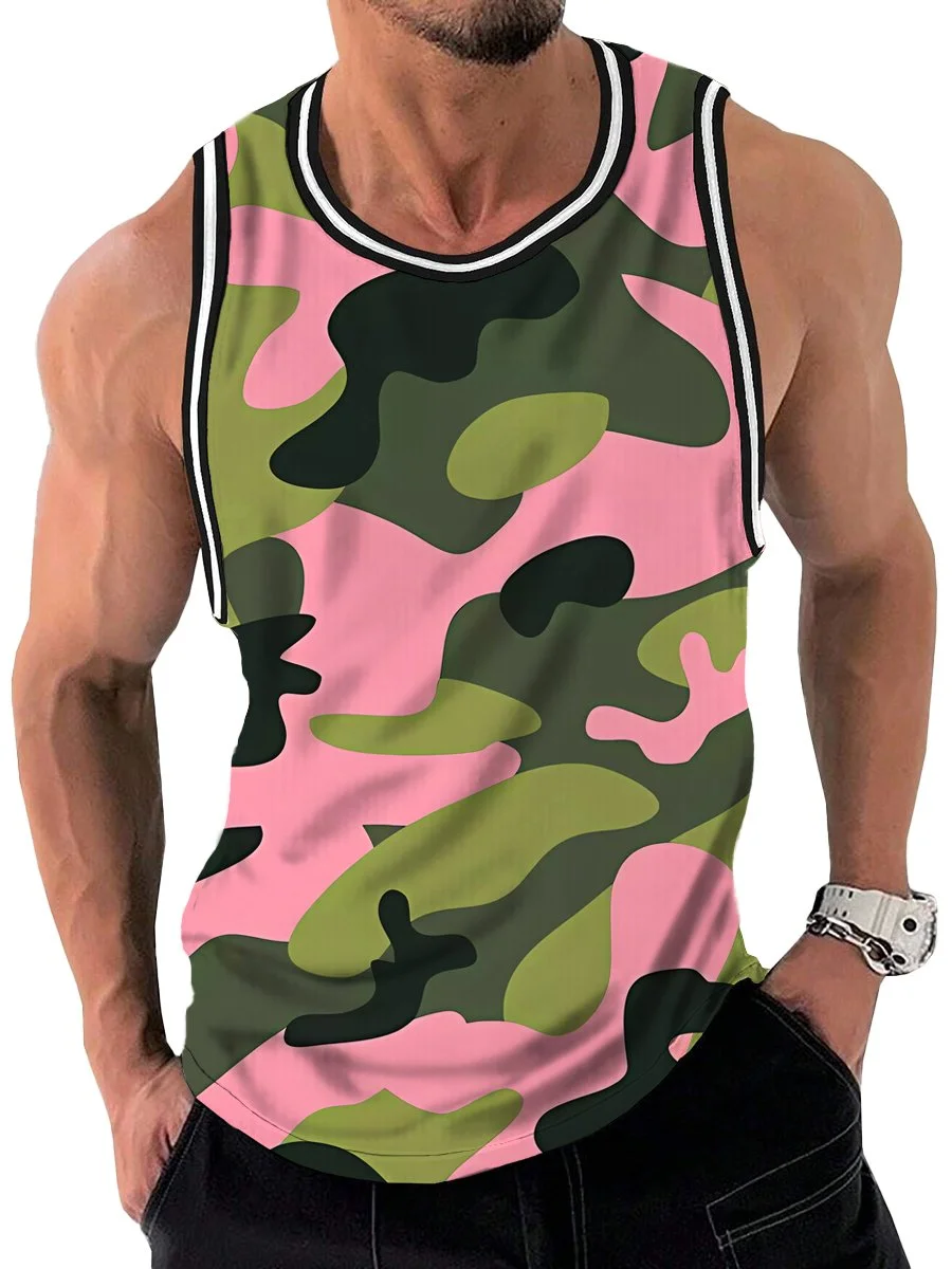 Stylish Contrasting Camouflage Print Crew Neck Tank Top