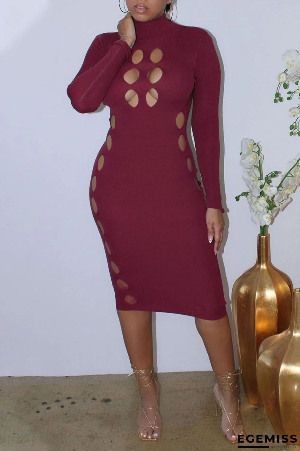 Burgundy Sexy Solid Hollowed Out Patchwork Turtleneck One Step Skirt Dresses | EGEMISS