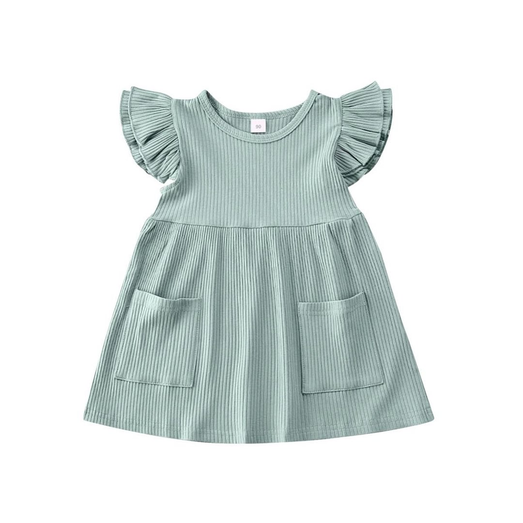 2020 Baby Summer Clothing 1-4Y Kid Baby Girls Cute Dress Knitted Ribbed Gown Ruffles Sleeve Pocket A-Line Dress Solid Outfits