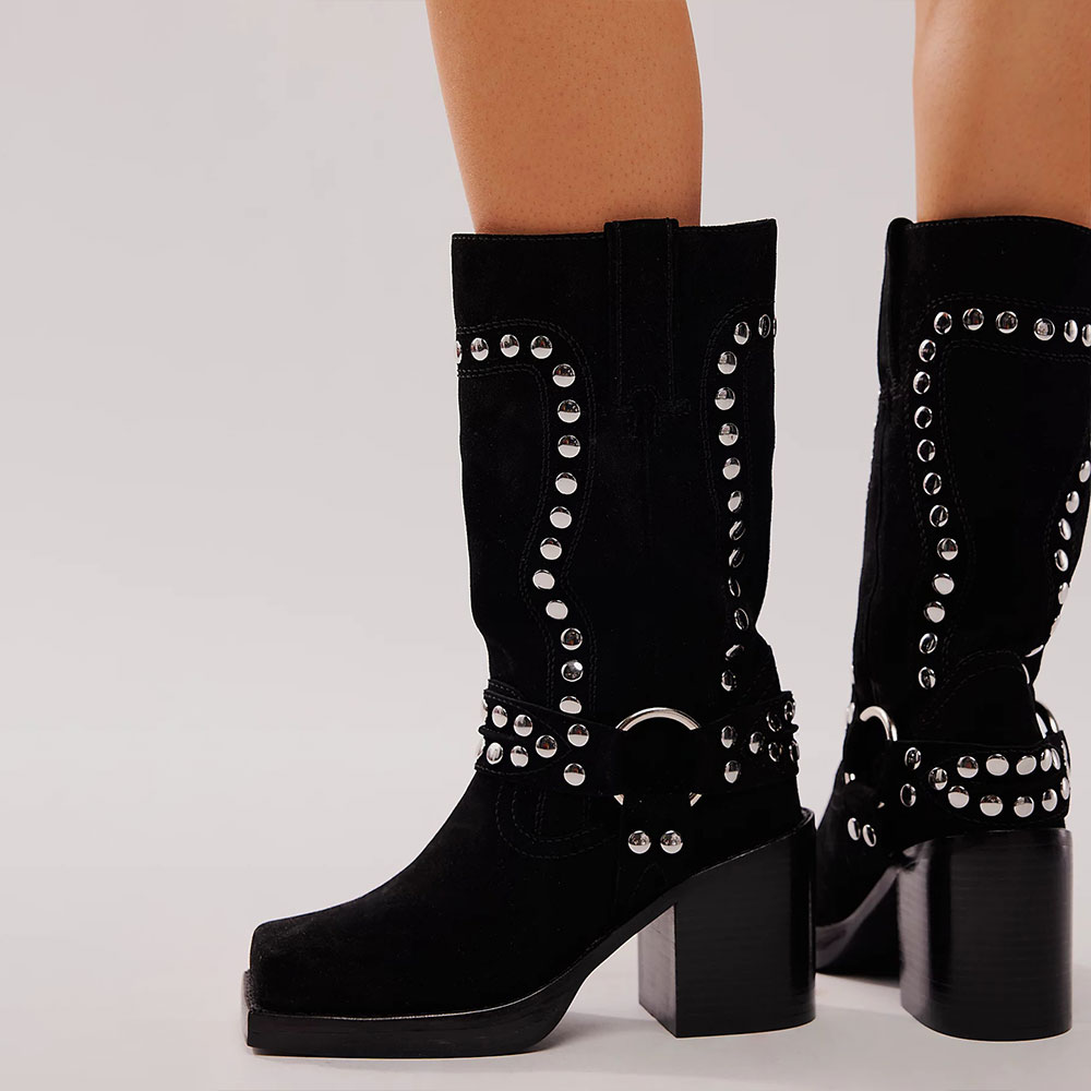 Black Square Toe Studded Buckle Platform Block Heel Mid Calf Boots Nicepairs