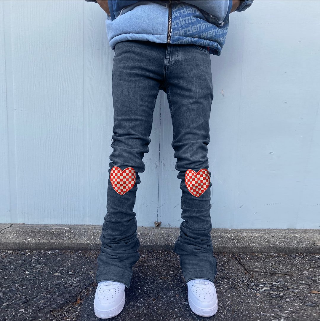 Vintage Street Love Sticker Straight-Leg Checkerboard Jeans