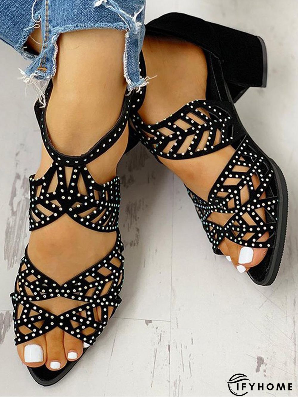 Ladies Elegant Cutout Open Toe Block Heel Sandals | IFYHOME