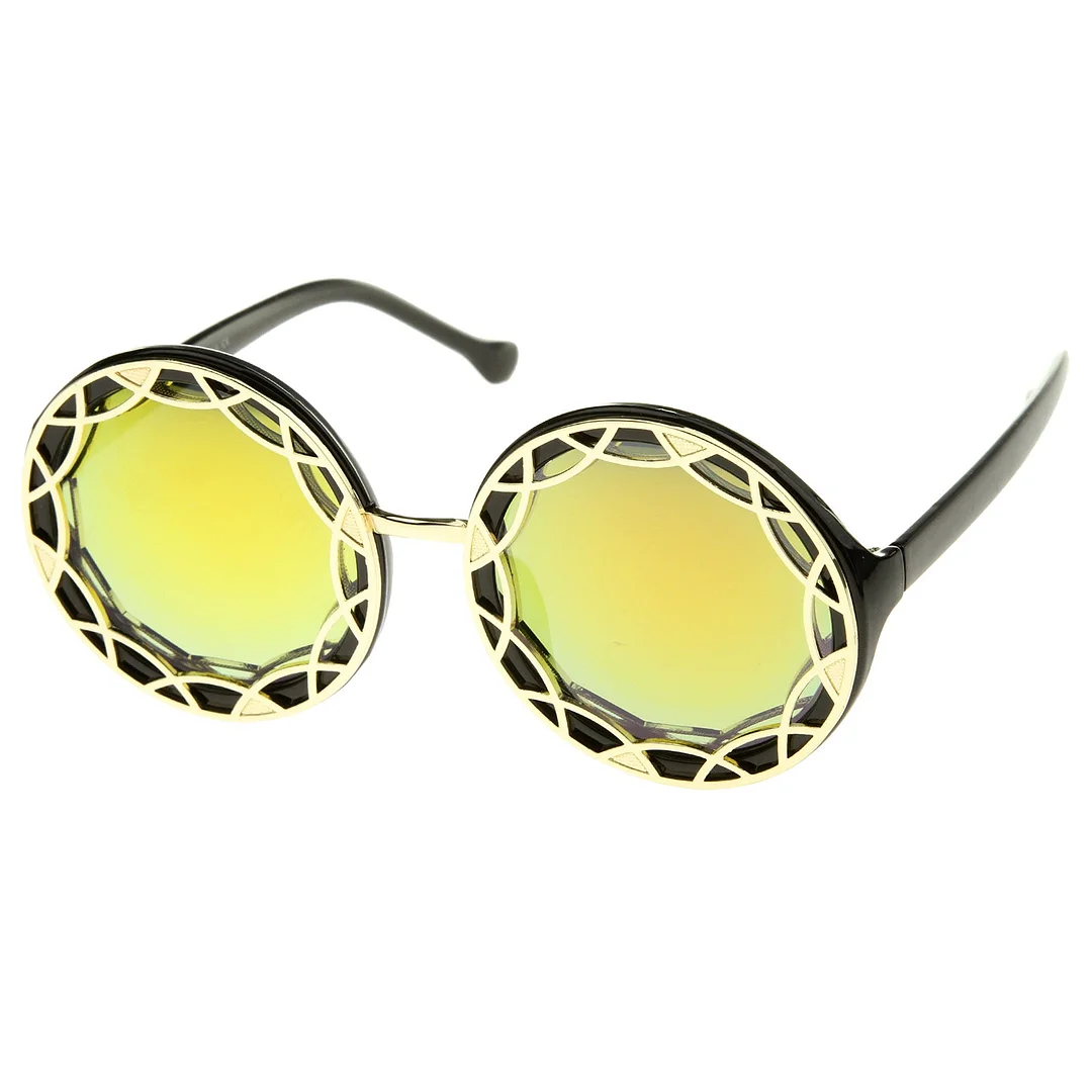 Women's Oversize Ornate Flat Pattern Color Mirror Lens Round glasses 55mm