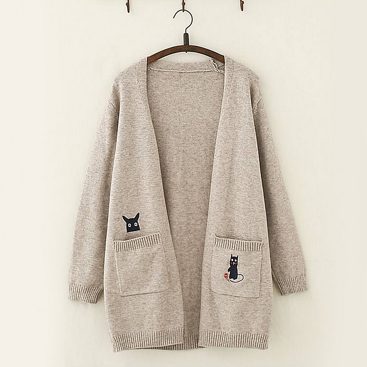 Cat And Mouse Embroidery Cardigan Sweater - Modakawa Modakawa