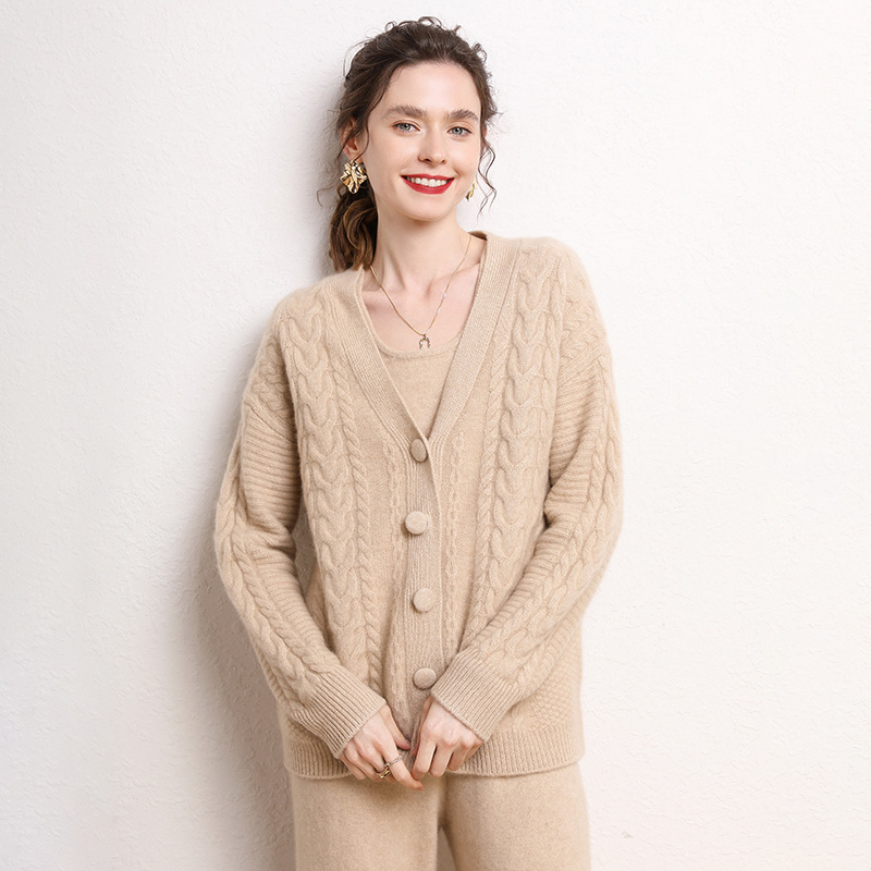 V Neck Cable Cashmere Cardigan REAL SILK LIFE
