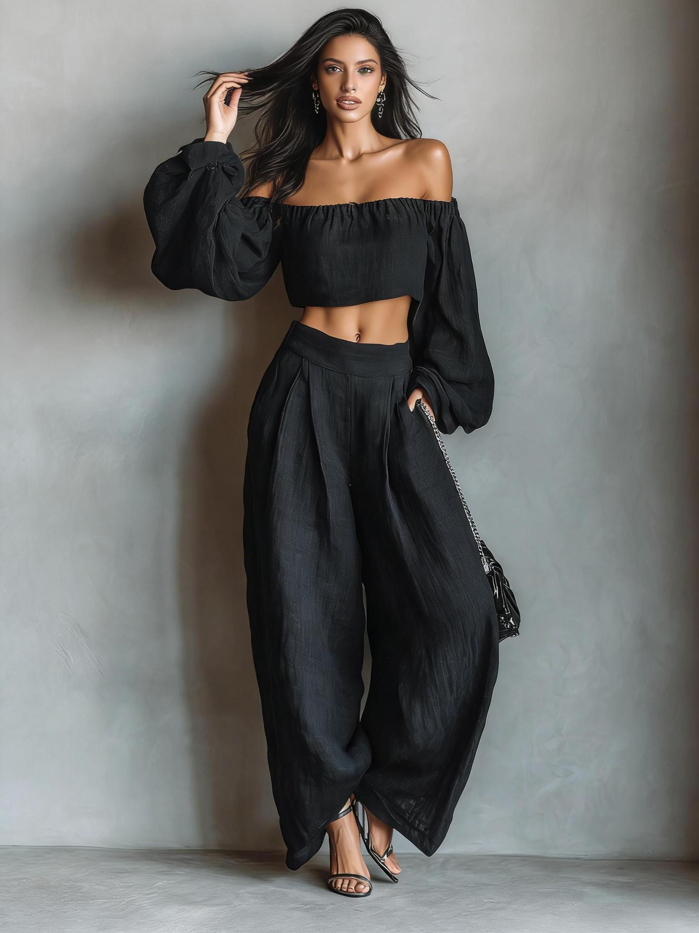 Dadihouse Elegant Off-Shoulder Puff Sleeve Two-Piece Set - Flowy Wide Leg Pants Resort Wear