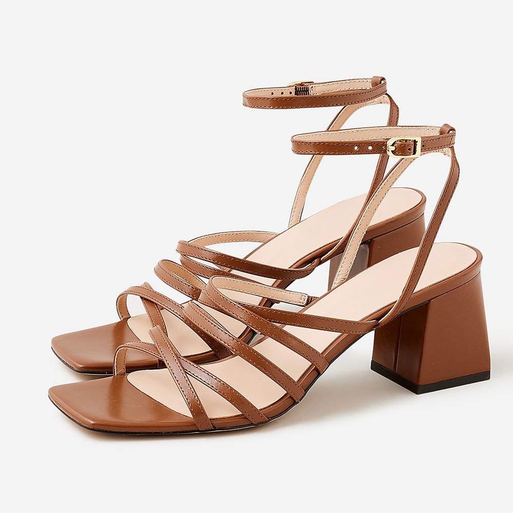 Brown Open Square Toe Chunky Heel Criss-Cross Strappy Summer Sandals Nicepairs