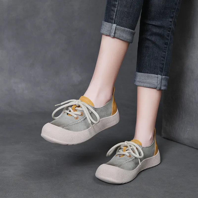 Yyvonne Leather Round Head Casual Shoes Women 2025 Spring New Flat Bottom Lace Single Shoes Fashion Leather Shoes