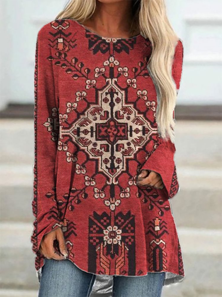 Western Ethnic Print Crew Neck Long Sleeve T Shirt