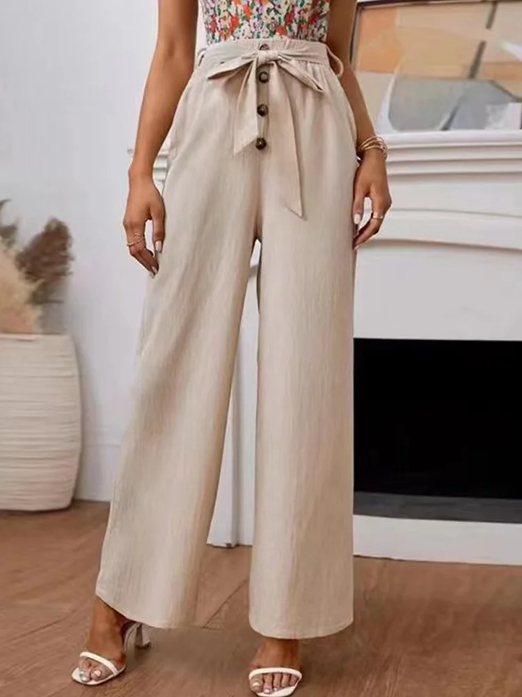 Budgetg Women Solid Belt Buttoned Trousers Summer Solid Cotton Linen Pants Lady Fashion Summer Vacation Loose Long Wide Leg Pant