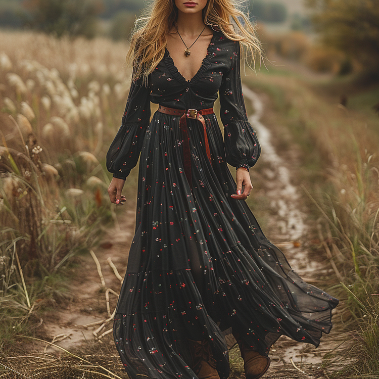 Retro V-neck Floral Women's Long-sleeved Long Skirt Country Pastoral Retro Dress