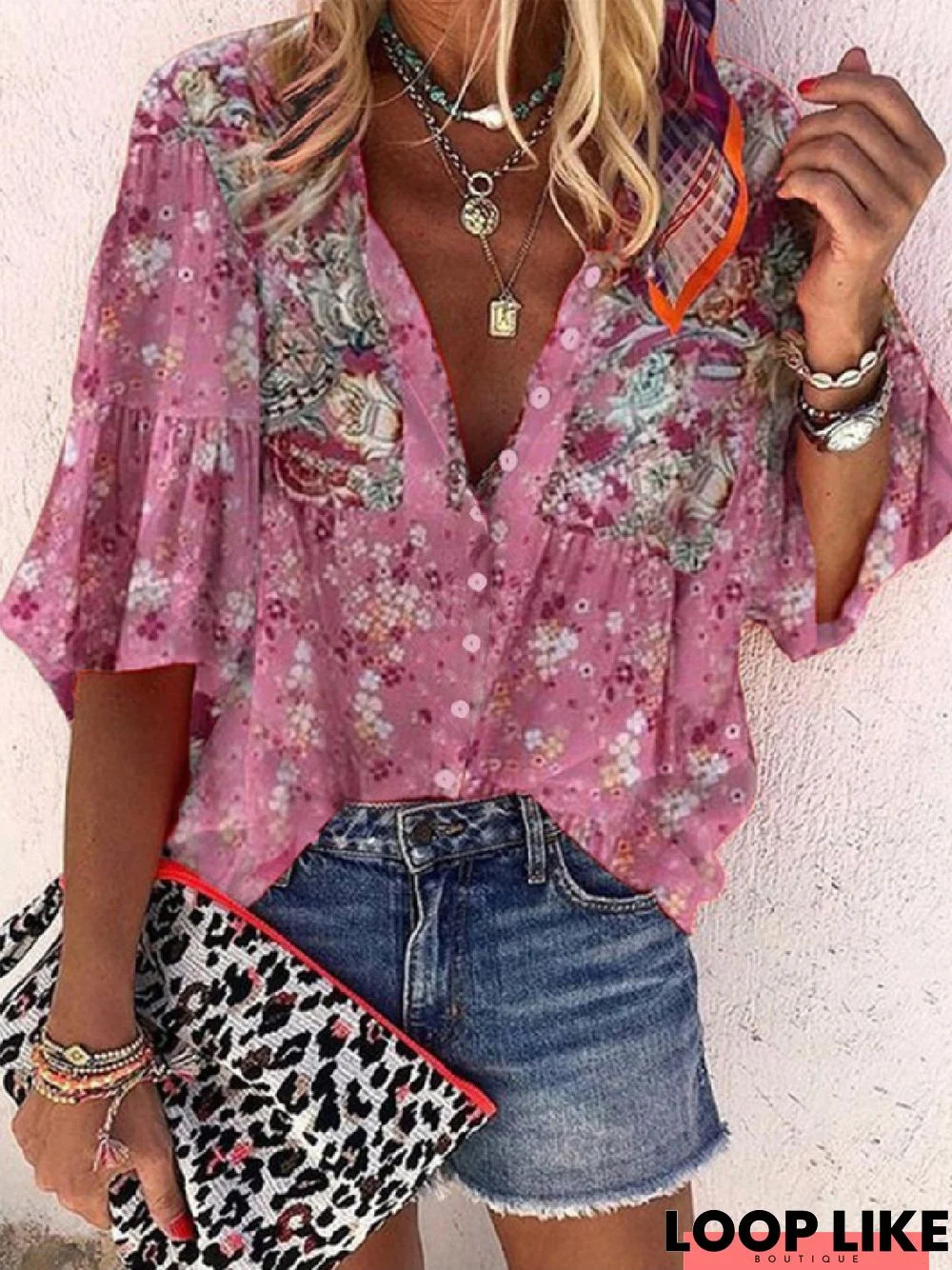 Casual Floral V neck Half Sleeve Loosen Blouse