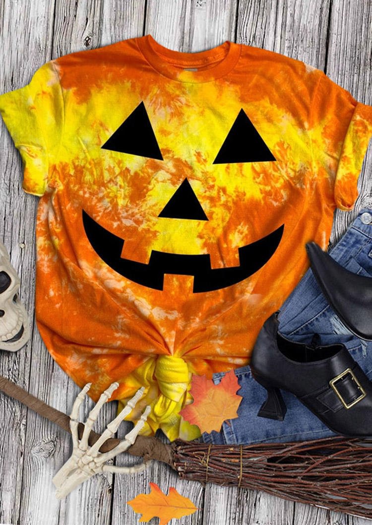 Halloween Pumpkin Face Tie Dye T-Shirt Tee - Orange