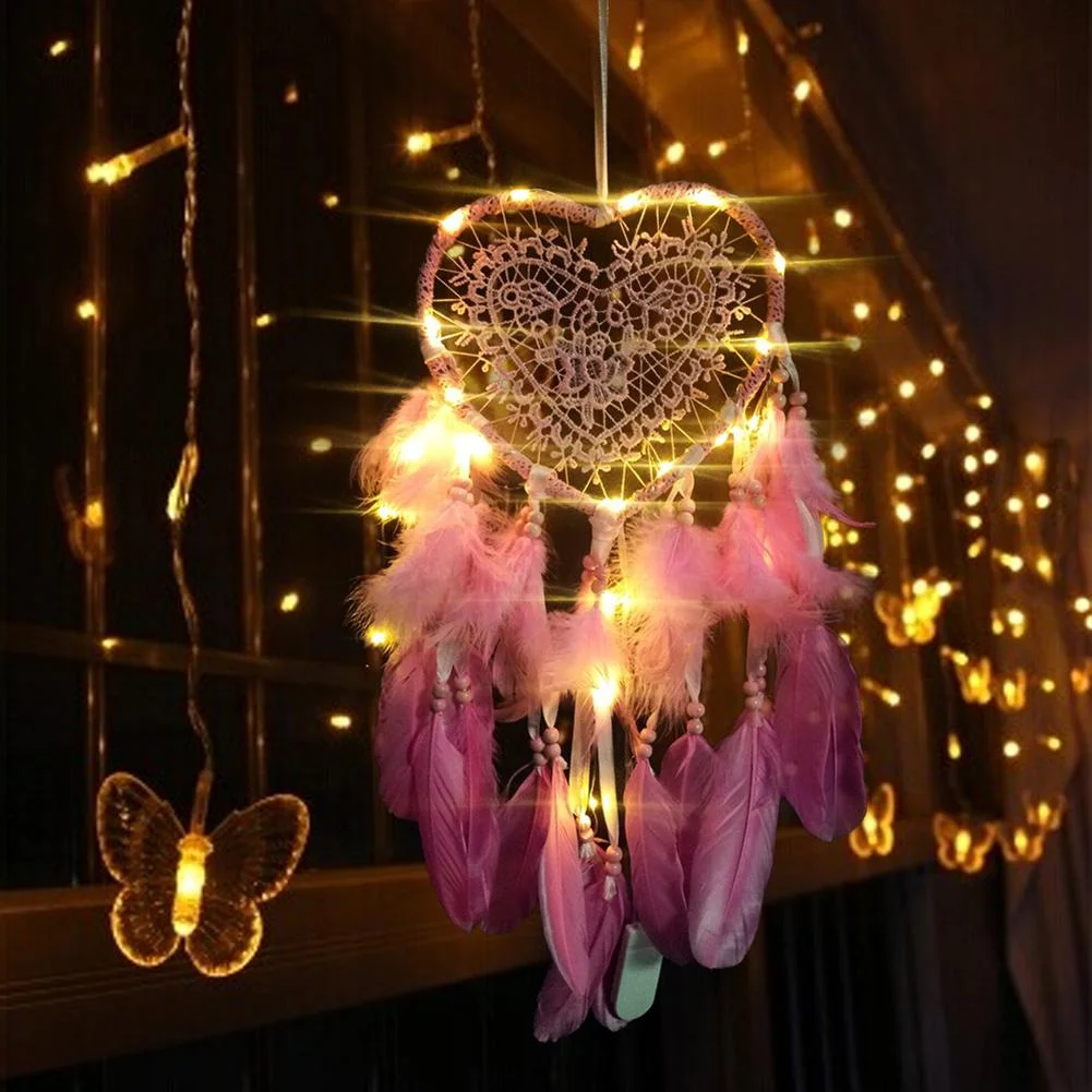 Heart Dream Catcher LED Light Feathers Wall Hanging Dreamcatcher (Pink)