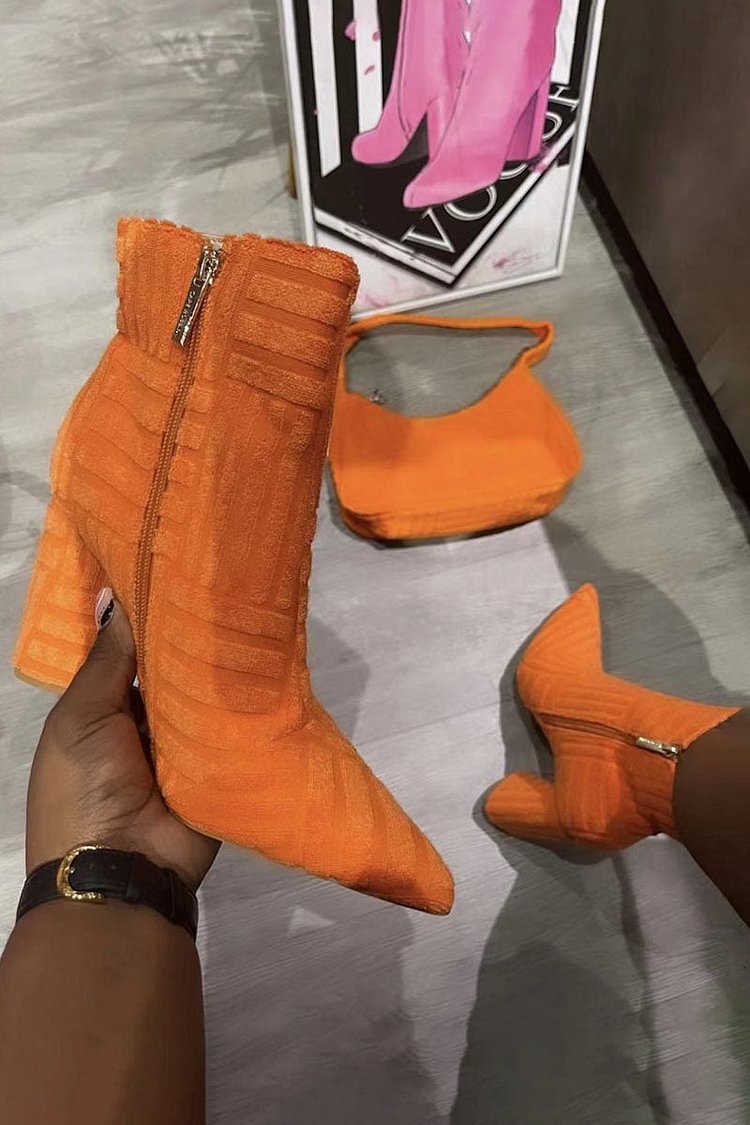 Pointed Toe Zipper Boots Block Heel Booties